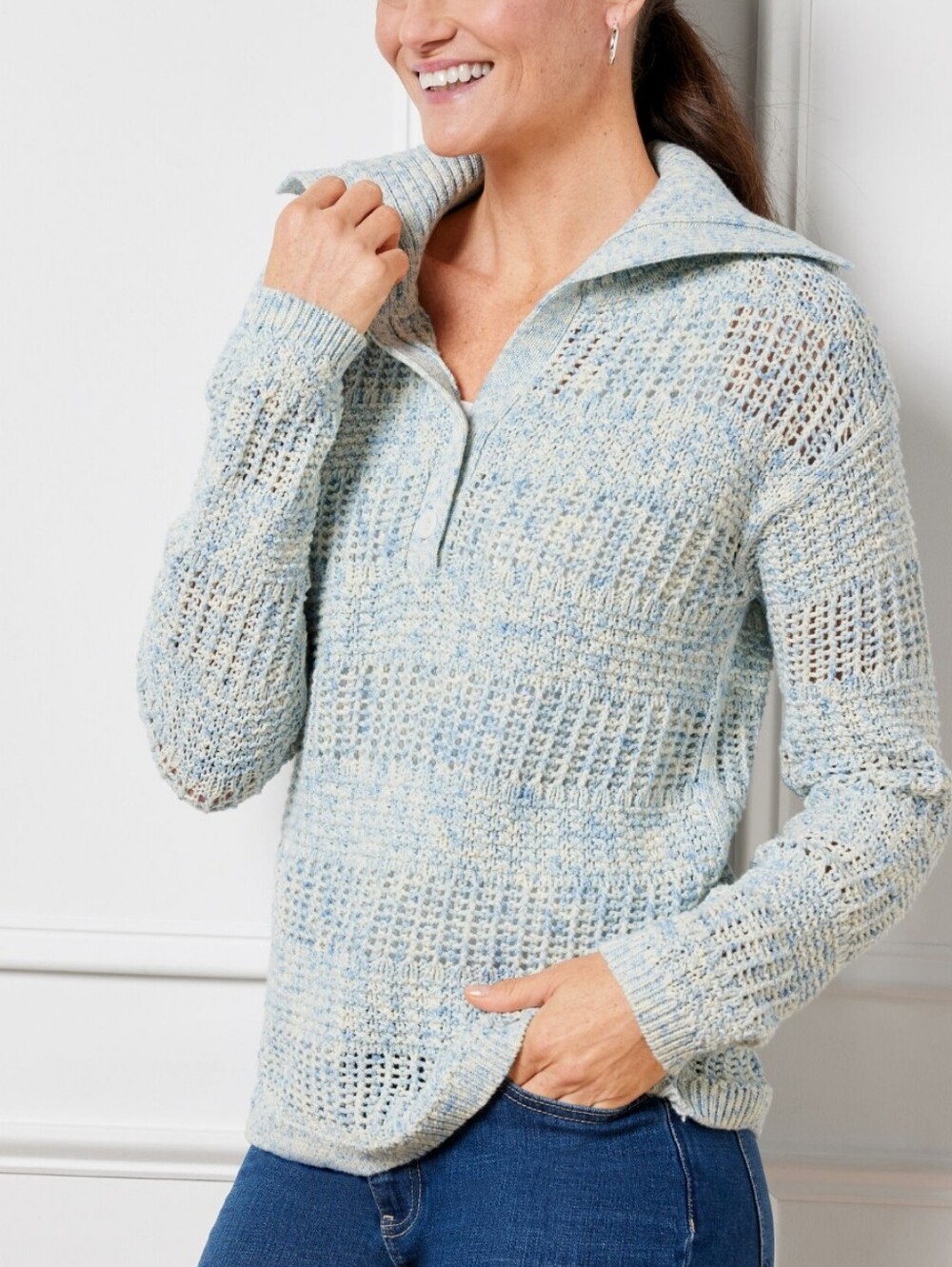Talbots Open Stitch Sailor Collar Sweater M P Petite Blue Marled Coastal Grandma